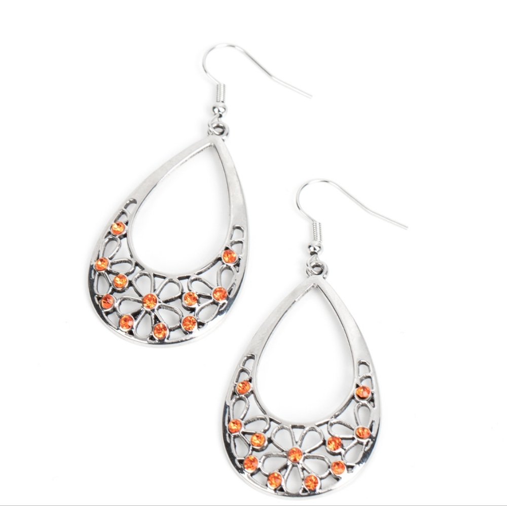Terrace Trinket Orange Earrings Silver  Dainty Rhinestones